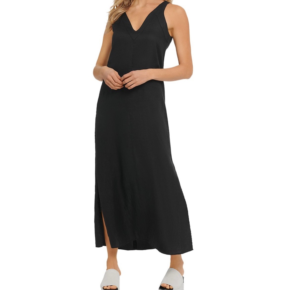 DKNY Black Linen V-Neck Dress size L from Bloomingdales